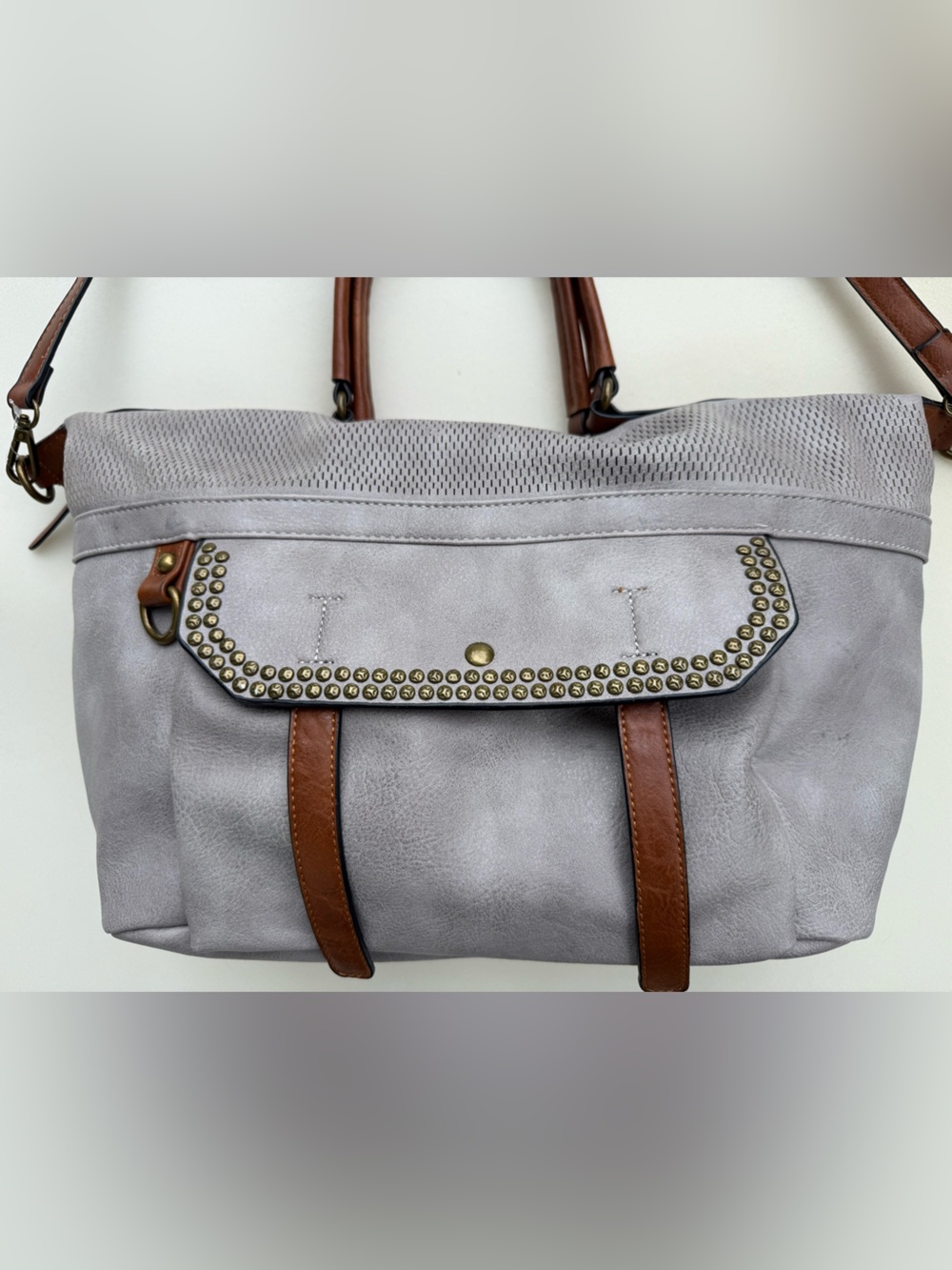 Large Antik Kraft Shoulder Handbag Satchel Bag Vegan Leather Gray and Brown